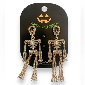 Women’s White Crystals Skeleton Skull Gold Dangle Earrings Halloween Accessories